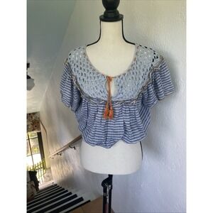 Free People Allora Striped Ruffled Blue Stripe Crochet Crop Top Size Small